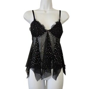 Victoria's Secret S Black Sheer Mesh Babydoll Lingerie Glitter Y2K Handkerchief